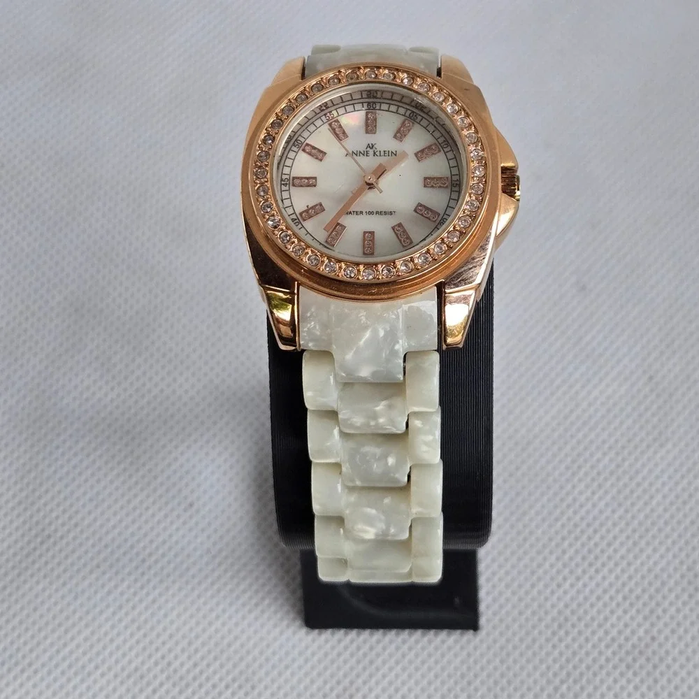 Anne Klein Women's Watch 10/9668 Rose Gold Tone White Resin Crystal Bezel 5.5